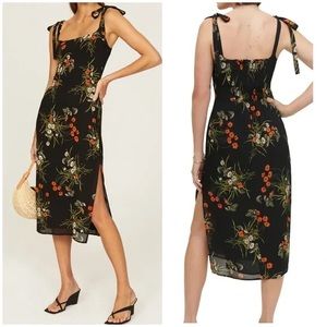Reformation Besse Dress Midi Tie Shoulder Strap Floral Robyn Black Floral Sz 6